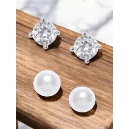 OOMPH Combo of 2 Small Solitaire Cubic Zirconia and Pearl Round Ear Stud Earrings-picture-22
