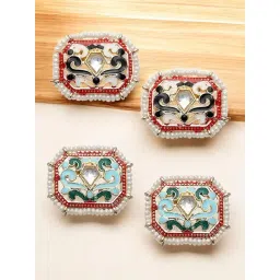 OOMPH Combo of 2 White & Ferozi Turquoise Blue Meenakari Enamel Stud Earrings-picture-26