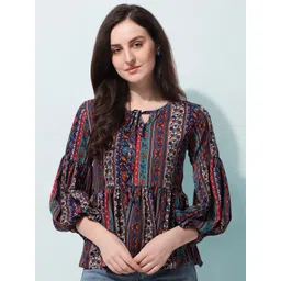 Oomph! Ethnic Motifs Printed Tie-Up Neck Bishop Sleeve Peplum Top-picture-20