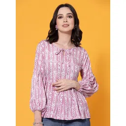 Oomph! Ethnic Motifs Printed Tie-Up Neck Bishop Sleeve Peplum Top-picture-19