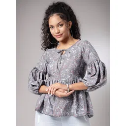 Oomph! Ethnic Motifs Printed Tie-Up Neck Puff Sleeves Gathered Empire Top-picture-21