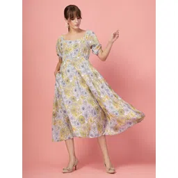 Oomph! Floral Printed Puff Sleeve Fit & Flare Midi Dress-picture-27