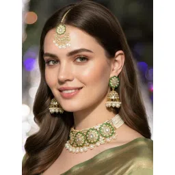 OOMPH Gold and Green Meenakari Kundan Choker Necklace Set - Jadau Patwa Work-picture-40