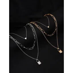 OOMPH Gold & Silver Link Chain Heart & Lock Multi Layer Necklaces for Women - Set of 2-picture-48