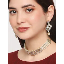 OOMPH Gold Jadau Kundan & Pearls Multi Layer Ethnic Choker Necklace Set with Drop Earrings-picture-35