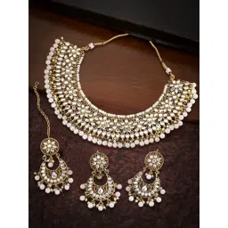 OOMPH Gold Jadau Kundan Ethnic Choker Necklace Set with Chandbali Earrings & Maangtikka-picture-25