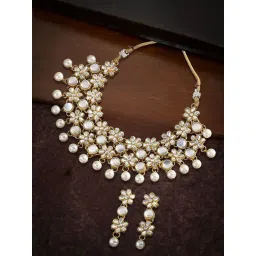 OOMPH Gold Kundan & Pearl Ethnic Choker Necklace Set with Drop Earrings-picture-33