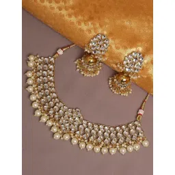 OOMPH Gold Kundan & Pearls Jadau Choker Necklace Set with Drop Jhumka Earrings & Ring-picture-32