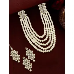 Oomph Gold Kundan & Pearls Multi Layer Ethnic Long Mala Necklace, Earring & MaangTikka Set-picture-19