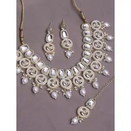 Oomph Gold Kundan & Pearls Necklace, Earring & MaangTikka Set-picture-17