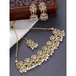 OOMPH Gold Kundan Necklace, Earring & MaangTikka Set-picture-16