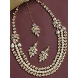 OOMPH Gold Kundan StoneLayered Moti Mala Long Necklace Set with Drop Earrings & Maangtikka-picture-20
