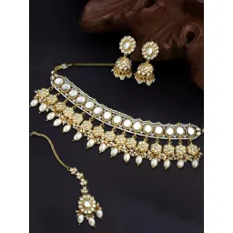 OOMPH Gold Kundan Wedding Jadau Choker Necklace Set with Jhumka Earrings & Maangtikka-picture-22