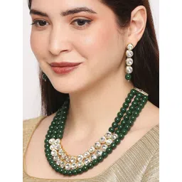 OOMPH Gold Plated Beads & Kundan Multi Layer Long Necklace with Drop Earrings-picture-11