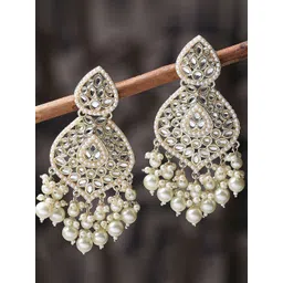 OOMPH Gold-Plated Contemporary Kundan Studded & Beaded Drop Earrings-picture-13