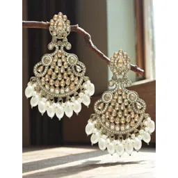 OOMPH Gold Plated Kundan Studded And Beaded Contemporary Drop Earrings-picture-15