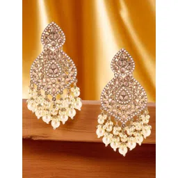 OOMPH Gold Plated Kundan Studded & Beaded Contemporary Drop Earrings-picture-16