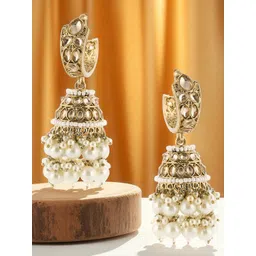 OOMPH Gold Plated Kundan Studded & Beaded Dome Shaped Jhumkas-picture-22