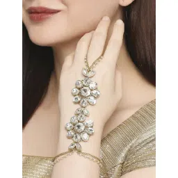 Oomph Gold Tone Kundan & Pearls Floral Ethnic Statement Hand Harness-picture-21