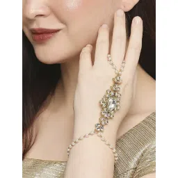 Oomph Gold Tone Kundan & Pearls Floral Ethnic Statement Hand Harness-picture-20