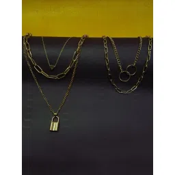 OOMPH Gold Tone Link Chain Heart & Lock Multi Layer Necklaces for Women - Set of 2-picture-23