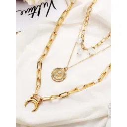 OOMPH Gold tone Multi Layer Multi Stranded Coin Charm Link Chain Necklace for Women-picture-16