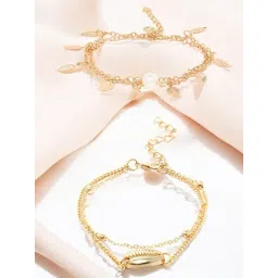 OOMPH Gold Tone Multi Layer Sea Shell & Leaf Pearls Fashion Anklet Pack of 2-picture-28