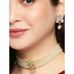 OOMPH Gold-Toned & Off White Kundan-Studded & Pearl Beaded Handcrafted Jewellery Set-picture-29