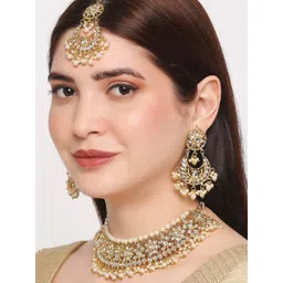 OOMPH Gold-Toned & White Kundan-Studded & Beaded Jadau Jewellery Set-picture-19