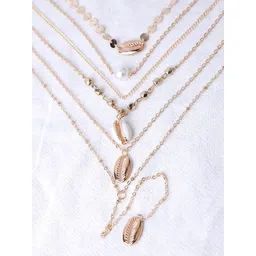 OOMPH Gold-Toned & White Layered  Sea Shell Charms Link Chain Necklace image 4