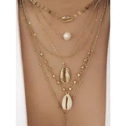 OOMPH Gold-Toned & White Layered  Sea Shell Charms Link Chain Necklace image 1