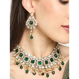OOMPH Gold-Toned Green & White Kundan Studded & Beaded Jadau Jewellery Set-picture-28