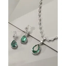 OOMPH Green American Diamond TearDrop Pendant Necklace Set with Earrings-picture-35