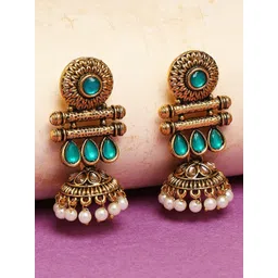 OOMPH Green & Gold-Toned Floral Jhumkas Earrings-picture-30