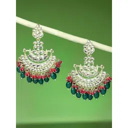 Oomph Green & Rani Pink Kundan & Beads Chand Bali Earrings-picture-28
