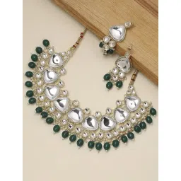 OOMPH Green Beads & Kundan Wedding Bridal Ethnic Choker Necklace Set for Women-picture-15
