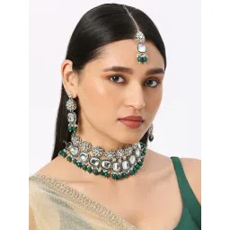 Oomph Green Meenakari Jadau Necklace, Earring & MaangTikka Set-picture-10