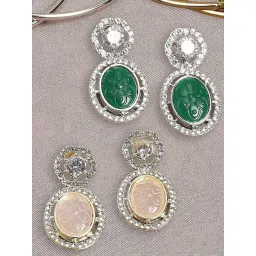 Oomph Green Peach Engraved Jaipur Stone American Diamond Indo Western Dangler Earrings - Set of 2-picture-24