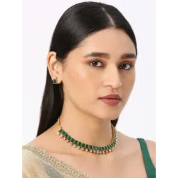 Oomph Green Stones Jadau Ethnic Necklace & Earring Set-picture-35