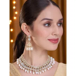 OOMPH Jadau Theme Stylish Latest Gold Tone Kundan Necklace with Earrings-picture-36