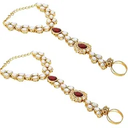oomph Jewellery Combo of 2 Ethnic Statement Bracelet with Ring - Red Stones & Kundan - For Women & Girls Stylish Latest (2P-BDP8_Z)- For Women & Girls Stylish Latest-picture-30