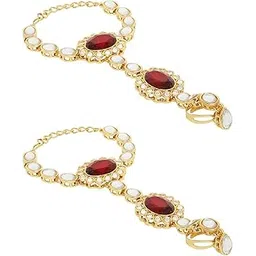 oomph Jewellery Combo of 2 Maroon Red Bridal Hathphool Hathpanja Bracelet with Ring - Kundan & Pearls For Women & Girls Stylish Latest (2P-BDP11_AOR1)-picture-29