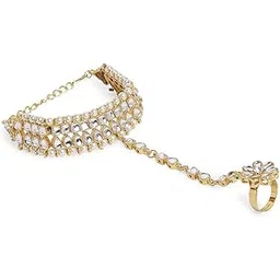 oomph Jewellery Kundan & Pearls Ethnic Hathphool Bracelet Kada with Ring for Women & Girls-picture-24