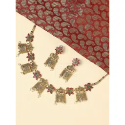 Oomph Jewellery Red & Green Kempu Stones Elephant Design Ethnic Temple Jewellery Choker Necklace Set with Drop Earrings For Women & Girls Stylish Latest Birthday & Anniversary Gift-picture-40