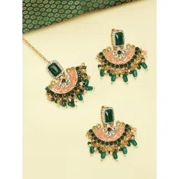 OOMPH Kundan Studded & Beaded Meenakari Maang Tika & Earrings-picture-41
