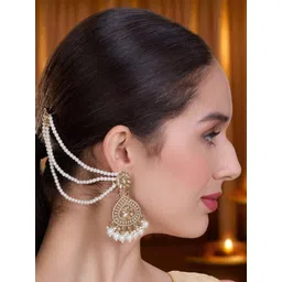 OOMPH Kundan Studded And Pearls Beaded Floral Shaped Drop Earrings With Chain-picture-32