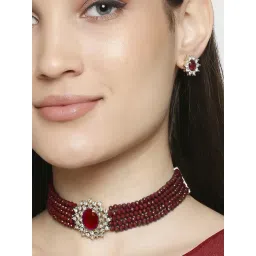 OOMPH Maroon Beads Multi Layer Ethnic Choker Necklace Set for Women-picture-15