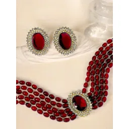 OOMPH Maroon Beads Multi Layer Ethnic Choker Necklace Set With Large Stud Earrings for Women-picture-13