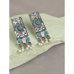 OOMPH Oxidized Silver Ethnic Pink & Ferozi Stones Geometric Floral Design Drop Earrings-picture-30