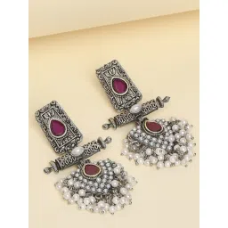 Oomph Oxidized Silver Ethnic Silver Look Alike Maroon Stones Pearls Dangler Earrings-picture-23